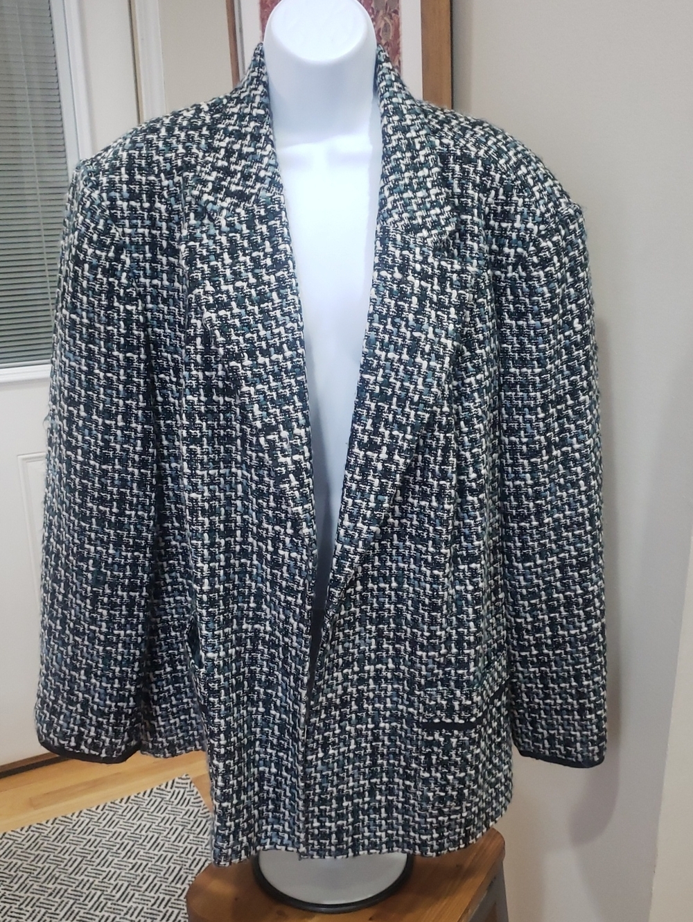 Worthington Woman, Black, White & Teal Tweed Blazer Jacket, 24W